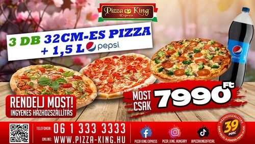 Pizza King 3 - 3 db normál pizza 1,5 literes Pepsivel - Szuper ajánlat - Online rendelés